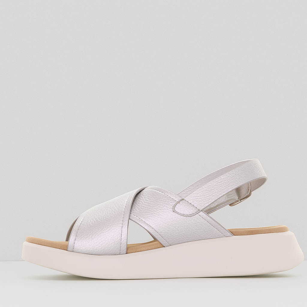 Silver Los Cabos Bogota sandals displayed with open toe design and ankle straps, stylish footwear for summer wear.