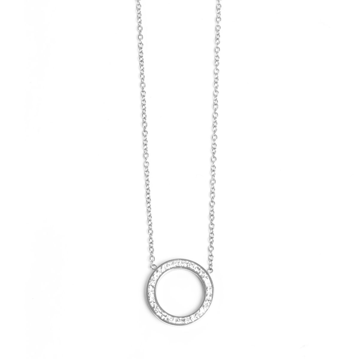A & C Oslo timeless crystal pendant necklace with a delicate chain and sparkling crystal pendant on a plain background.