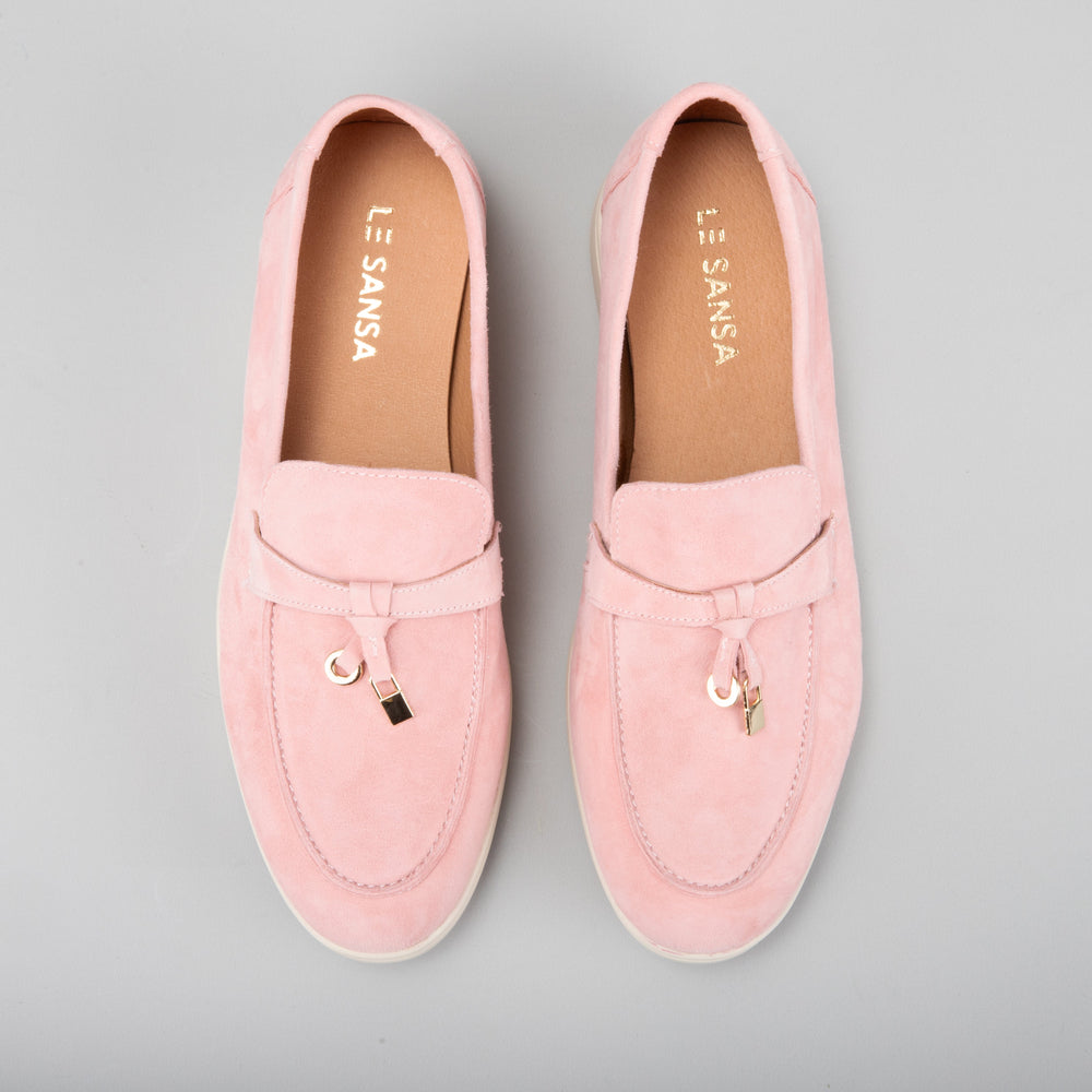 Le Sansa Capri baby pink suede loafers with a soft, stylish design for comfortable, fashionable footwear for young children.