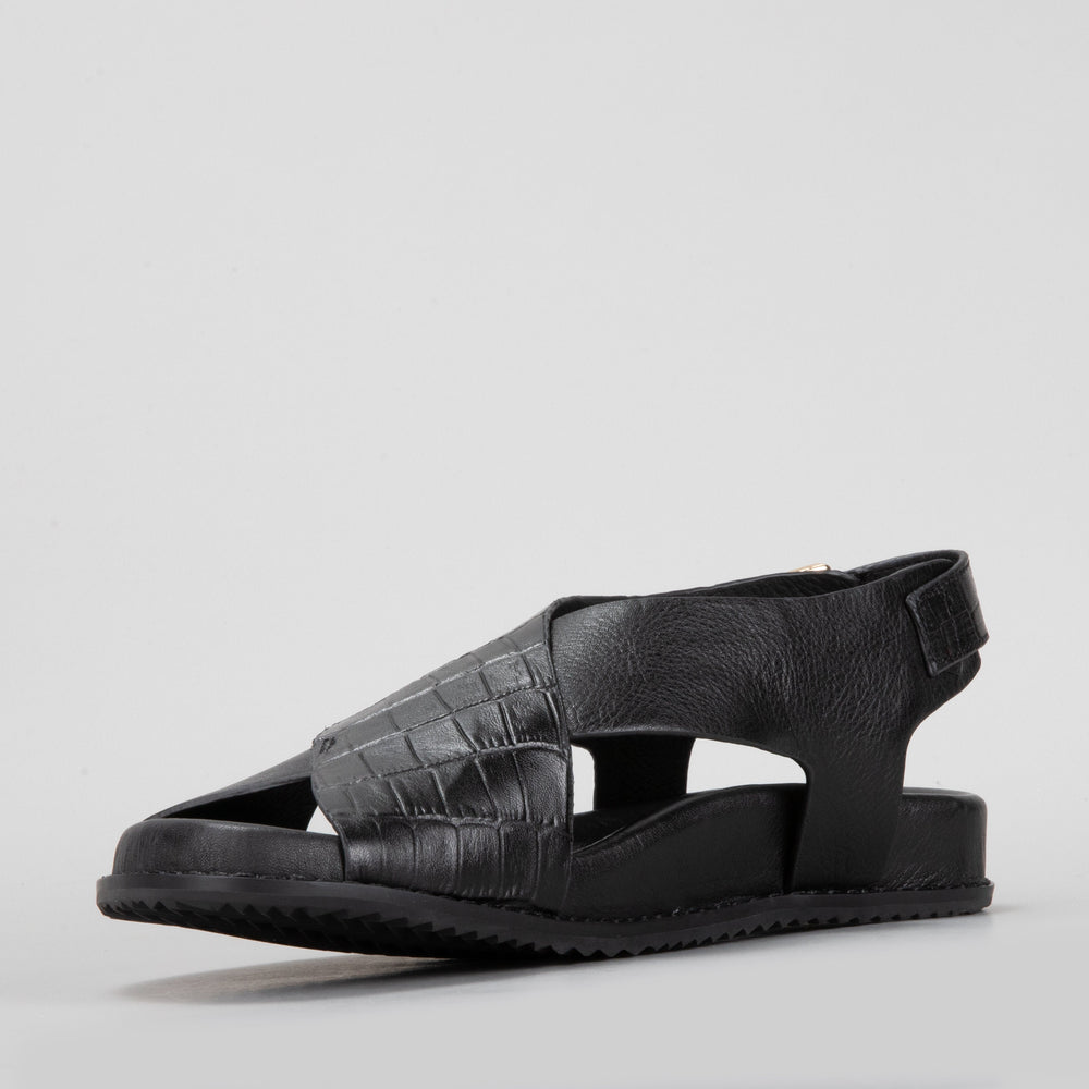 Naked Arches Zigilia Black Croc sandals with textured black crocodile-embossed straps and open-toe design.