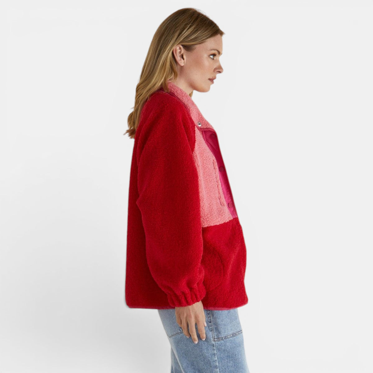 Betty Basics Franklin fleecy jacket in pink and red, cozy blazer-style coat with a soft fleece texture and casual fit.