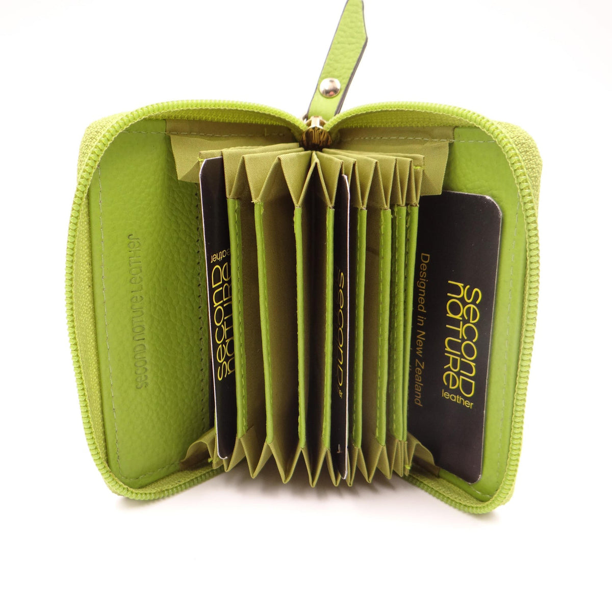 Second Nature lime wallet with sleek design, showcasing bright green color and compact shape on a plain background.