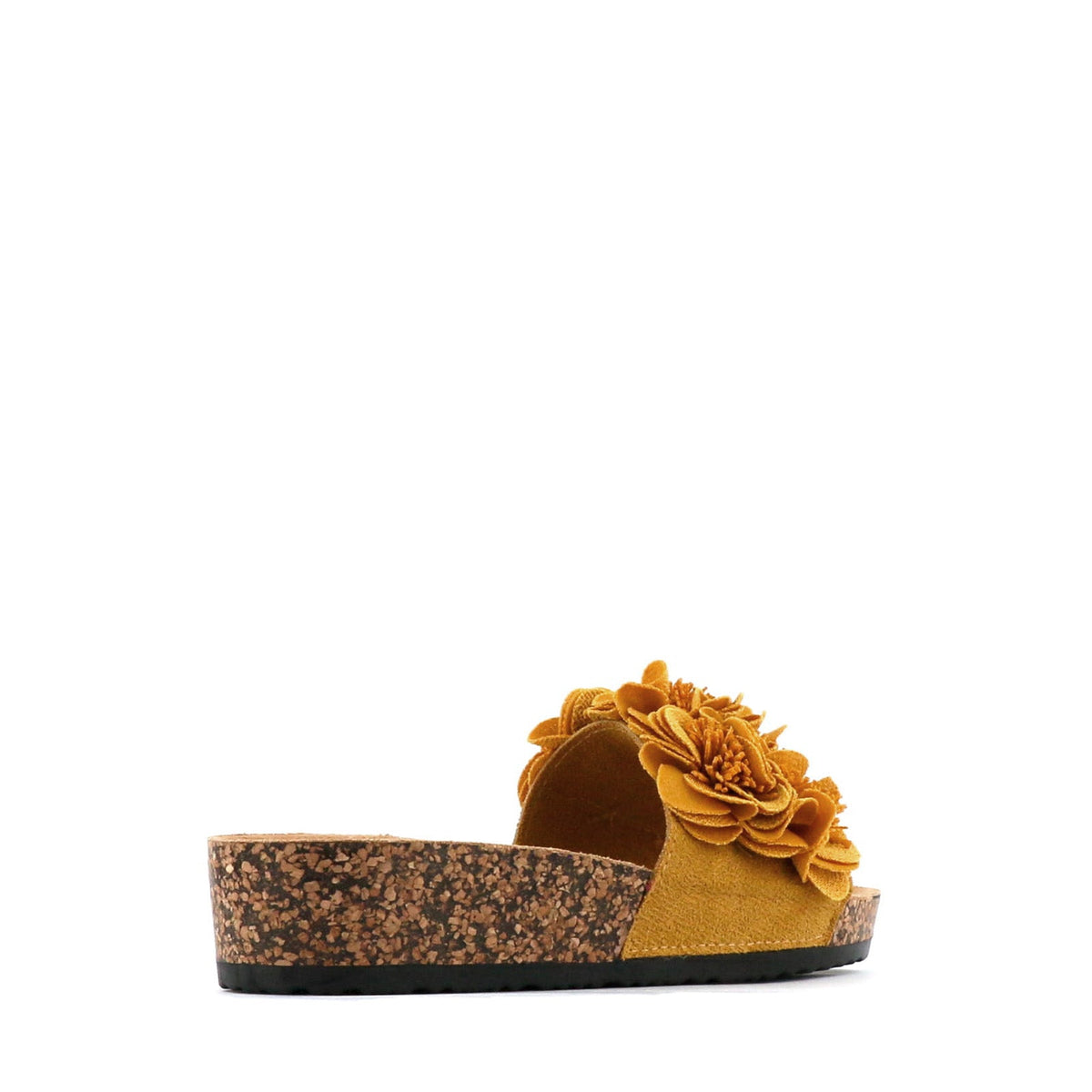 Los Cabos amber slippers with a floral corsage design, featuring soft fabric and comfortable slip-on style.