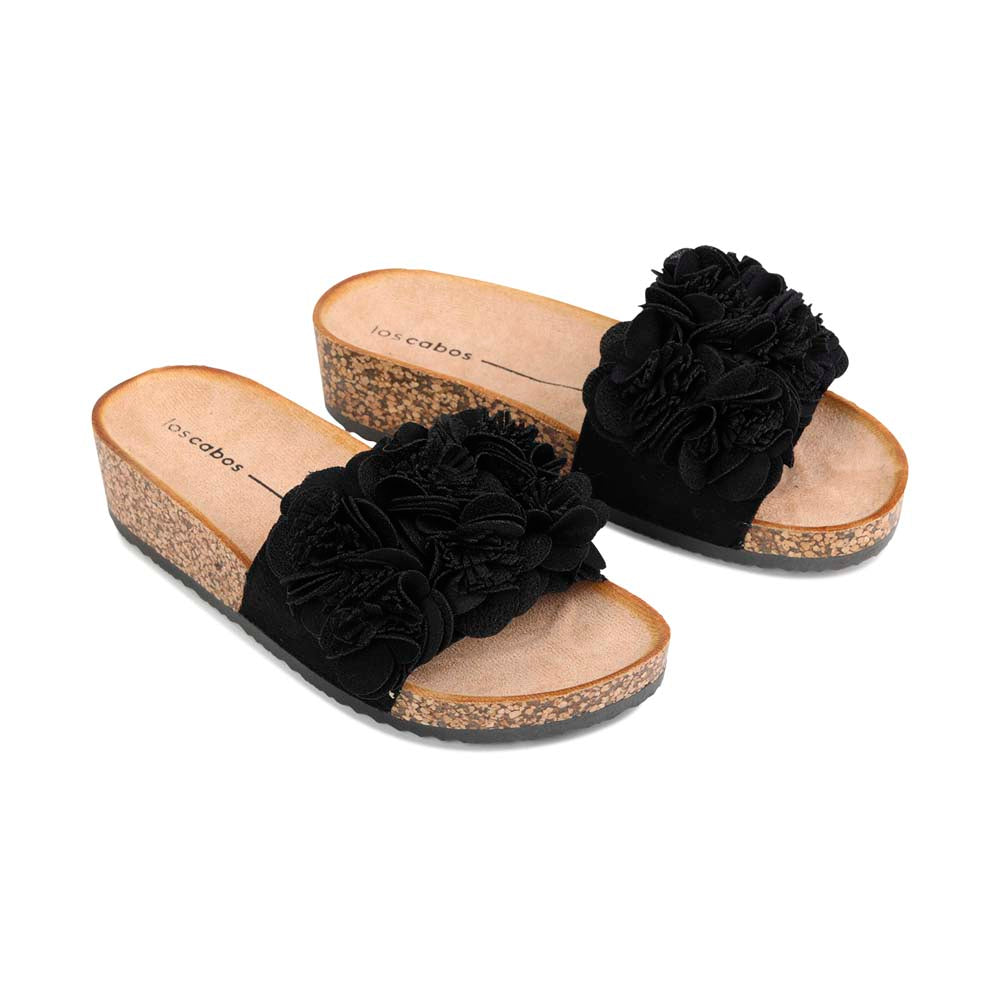 Black Los Cabos slippers with a corsage design, featuring a comfortable slip-on style and elegant detailing.