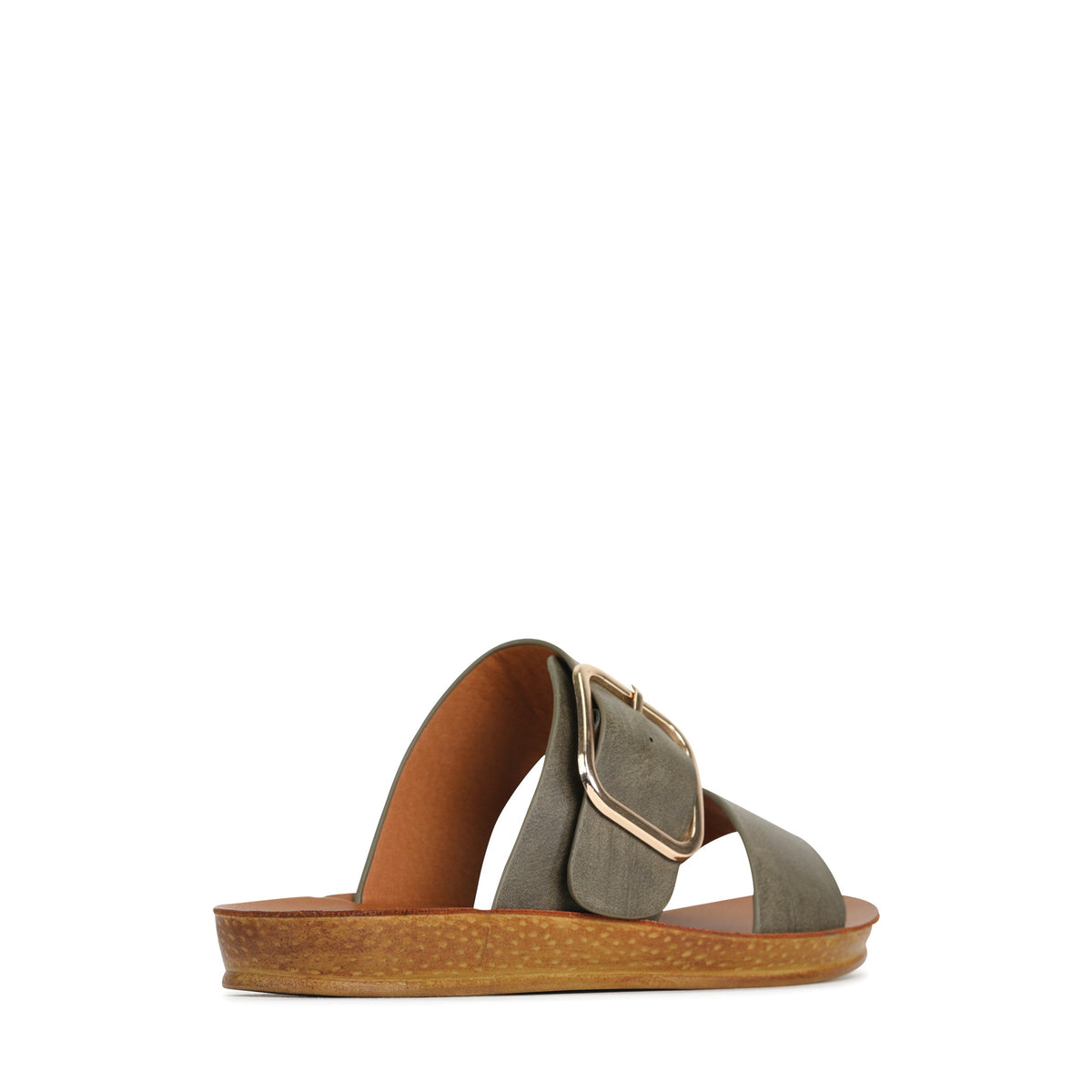 Back view of Los Cabos Doti khaki flats showing their comfortable slip-on design and neutral khaki color.