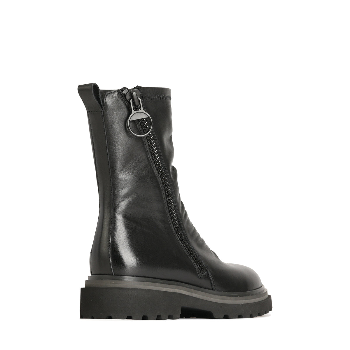 Eos Skarlet Black boots with sleek black leather design, pointed toe, and stylish ankle height, showcasing modern footwear style.