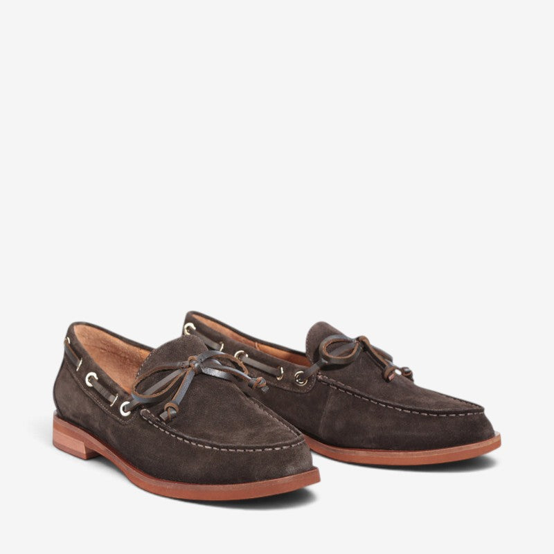 Eos Fortuna mahogany suede loafers with a sleek design and rounded toe, showcasing the stylish footwear on a neutral background.