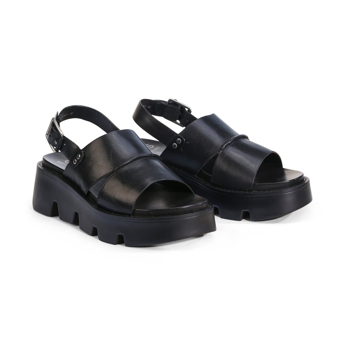 Black EOS KAILY sandals with open-toe design and ankle straps, shown from the top view.