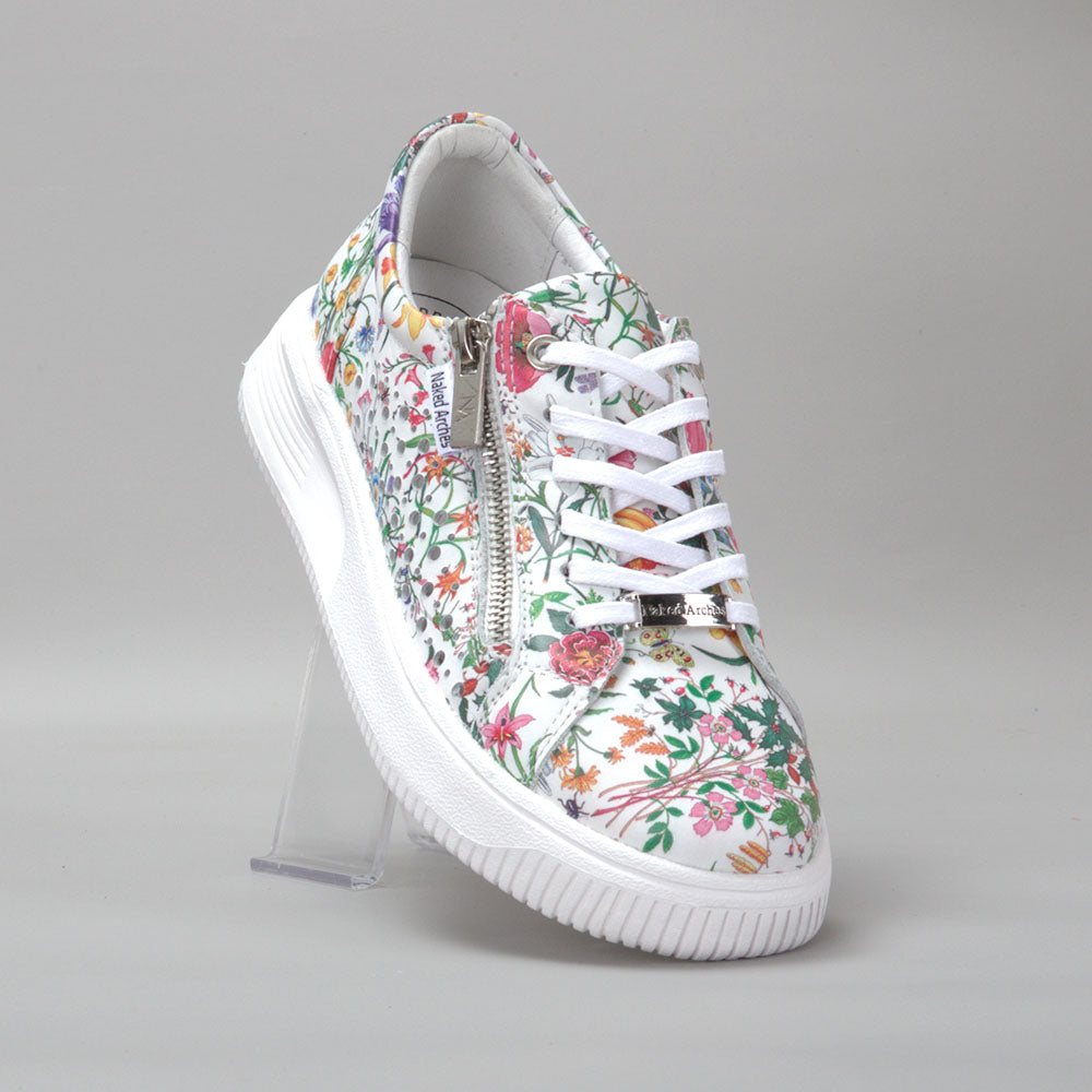 Naked Arches Noble White Floral sneakers featuring white background with delicate floral print and lace-up design.