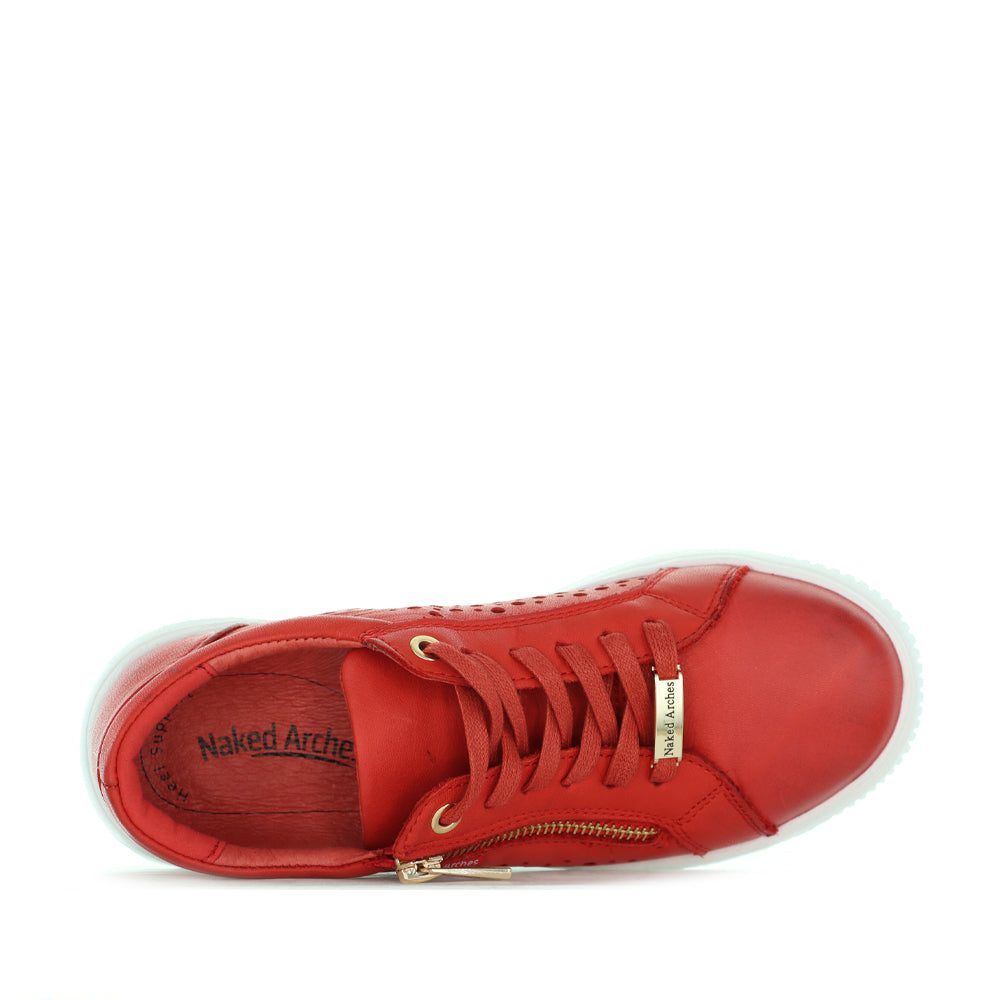 Naked Arches Noble Red sneakers in royal red color with white soles, showcasing their stylish casual design and comfortable fit.