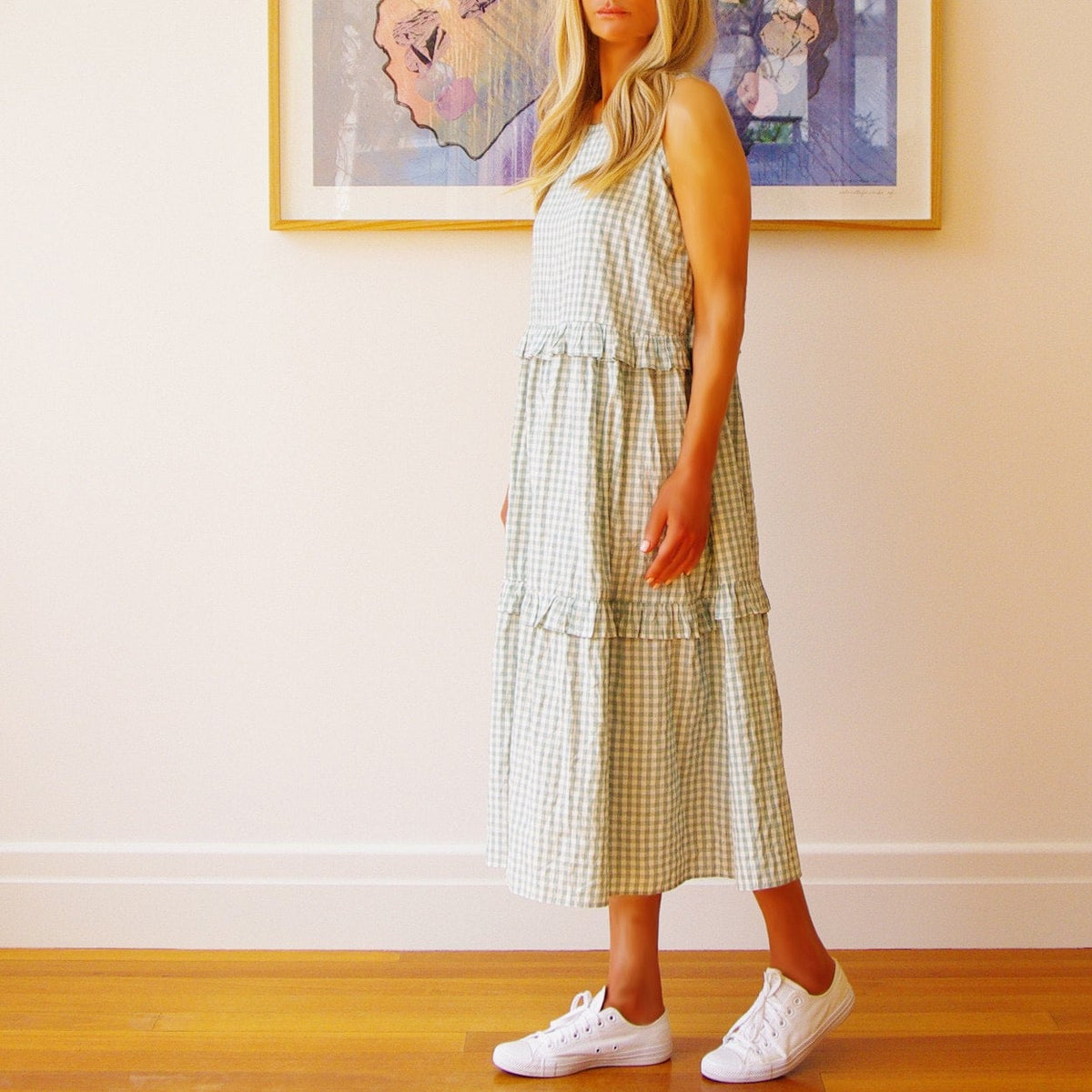 Rose sleeveless dress in granite green from Who's Charlie, perfect for warm weather and casual occasions.