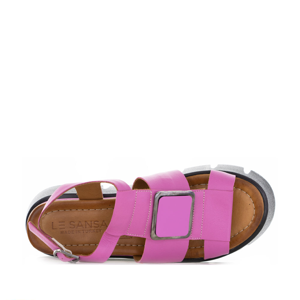 Le Sansa Hindi Hot Pink sandals featuring stylish design and vibrant fuchsia color, perfect for casual and summer wear.