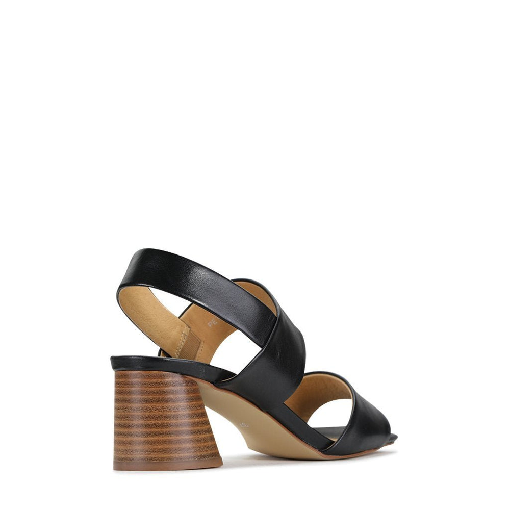 Eos Peto Black sling-back sandals with open toes and ankle strap, stylish footwear for casual or summer wear