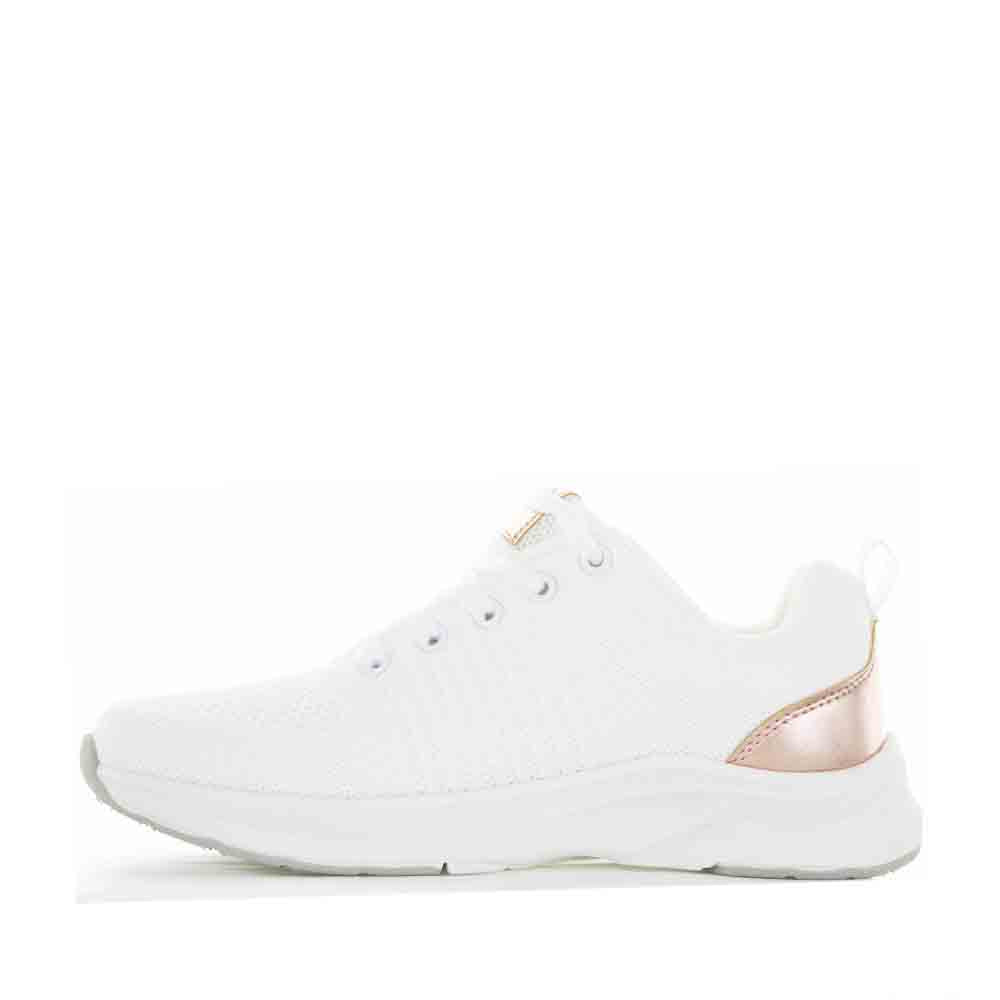 White and rose gold Cabello Walker sneakers featuring stylish design, visible branding, and comfortable casual footwear.