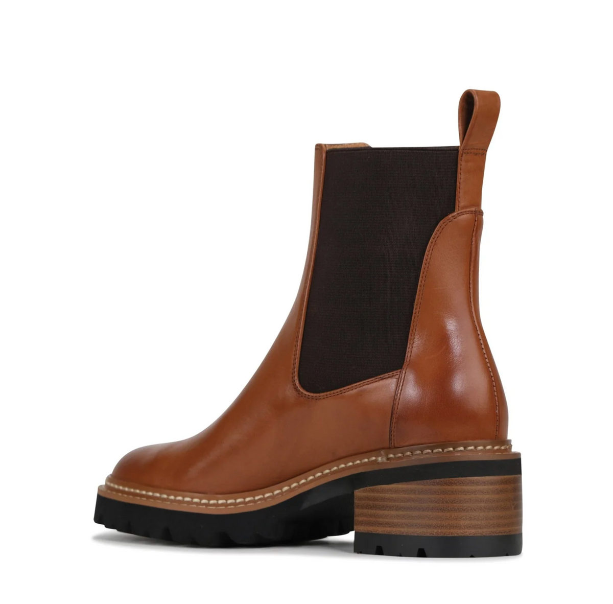 Eos Linear Brandy boots showing ankle-high design with stylish leather uppers and a sturdy sole.