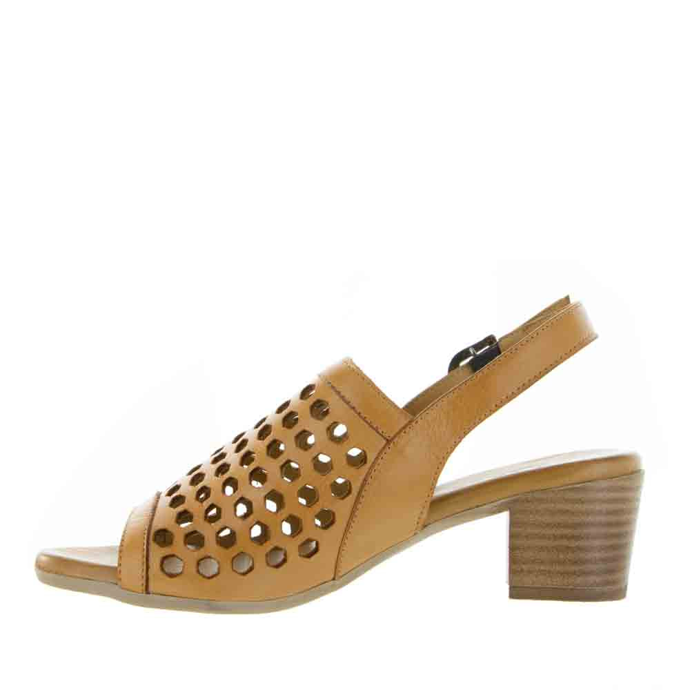 Le Sansa Lesansa Lava Tan sandals with brown leather straps and flat sole, displayed on a neutral background.