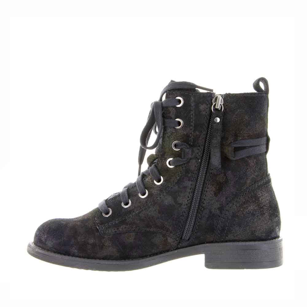 Le Sansa black printed boots featuring a pink floral design, stylish ankle-length footwear with a sleek finish.