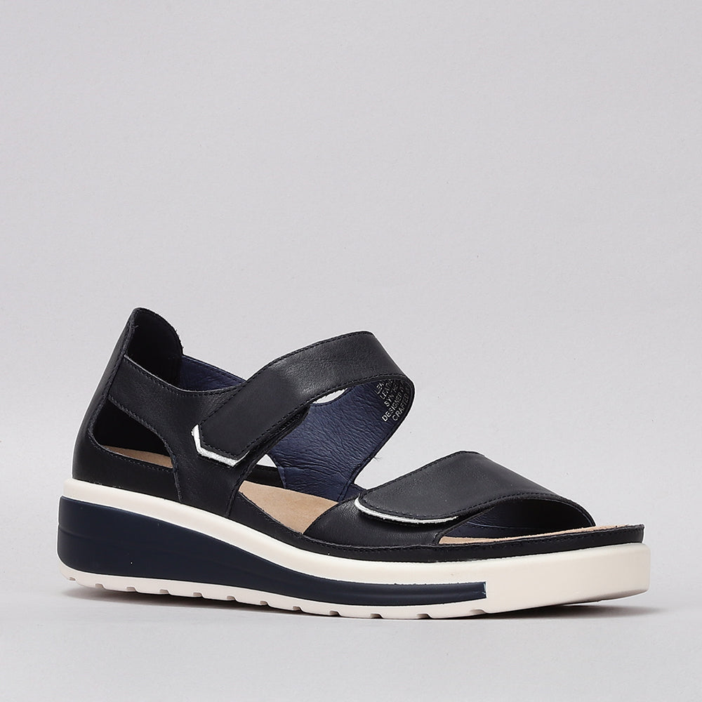 Naked Arches Happy Navy sandals with navy straps and open-toe design, showcasing comfortable arch support and casual style.