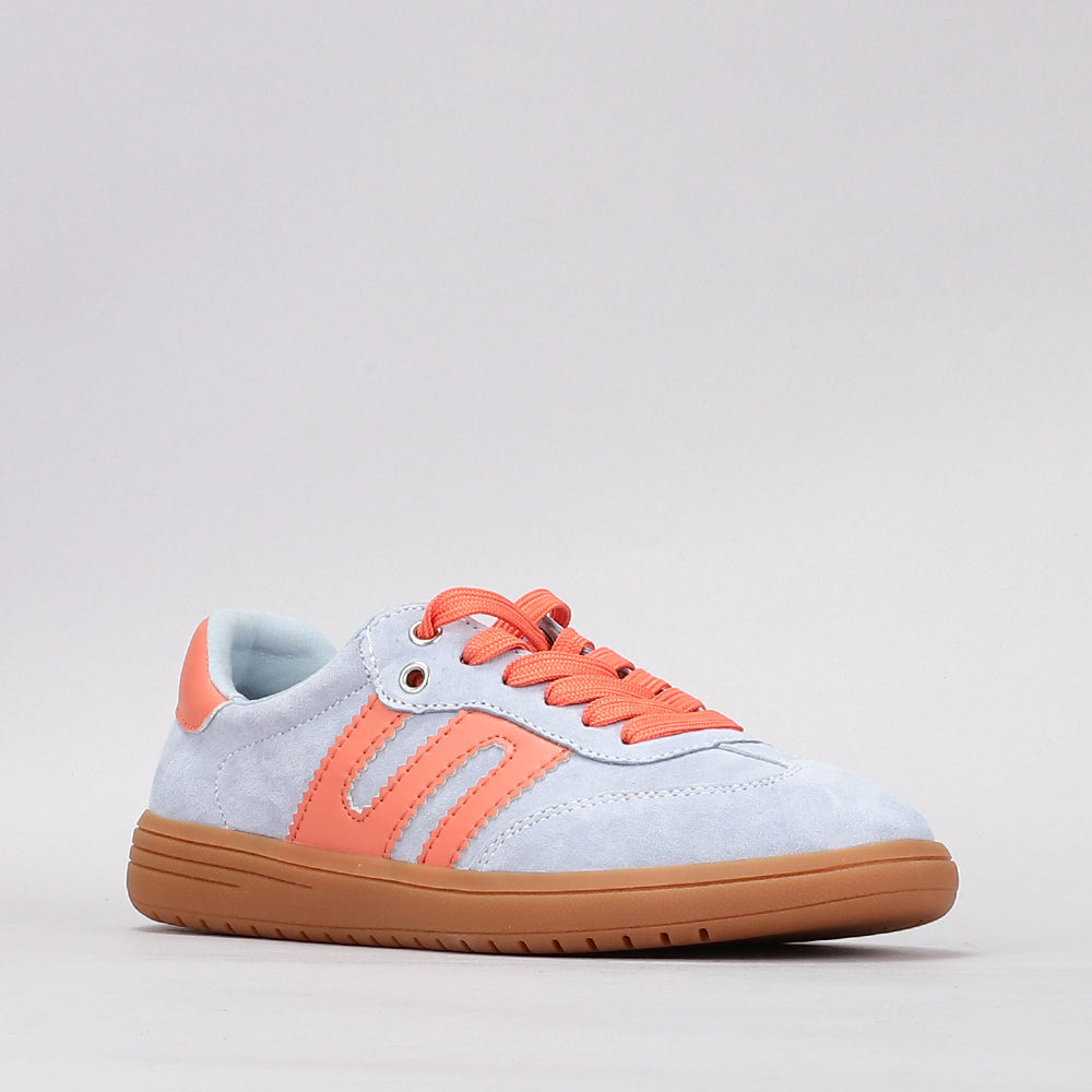 Le Sansa Juno pale blue and orange sneakers with stylish design and comfortable fit, shown from a front view.