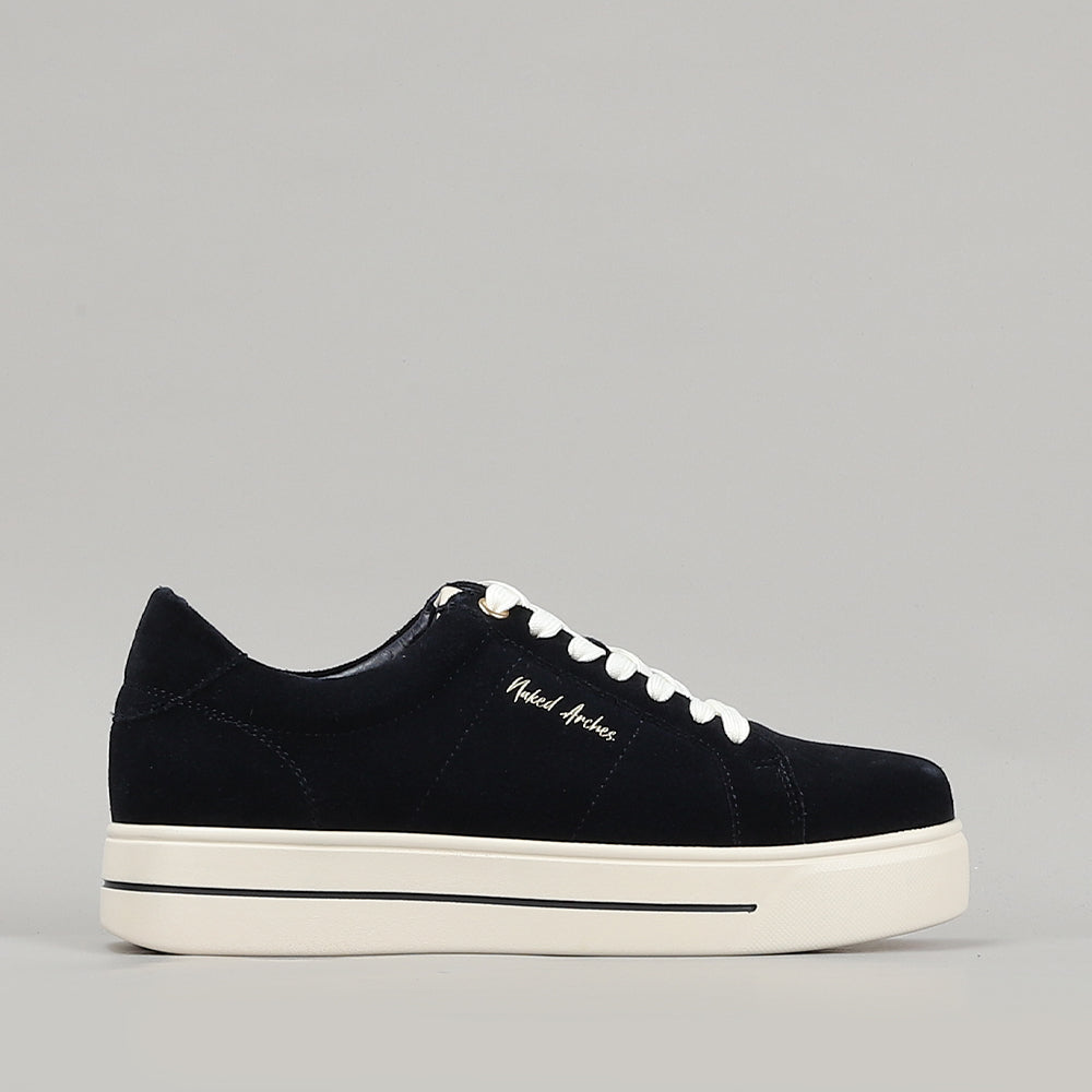 Naked Arches Azealia Navy sneakers with mesh and suede upper, white midsole, and navy blue accents.
