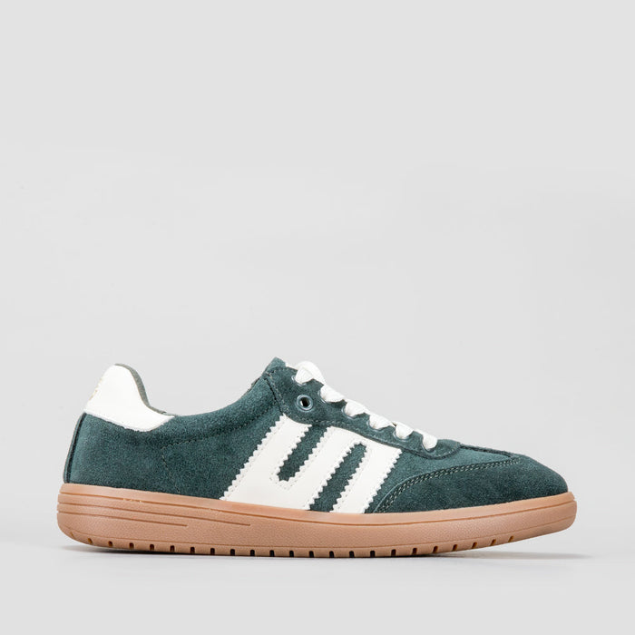 Le Sansa Juno green suede sneakers with white soles, stylish and comfortable footwear for casual wear.