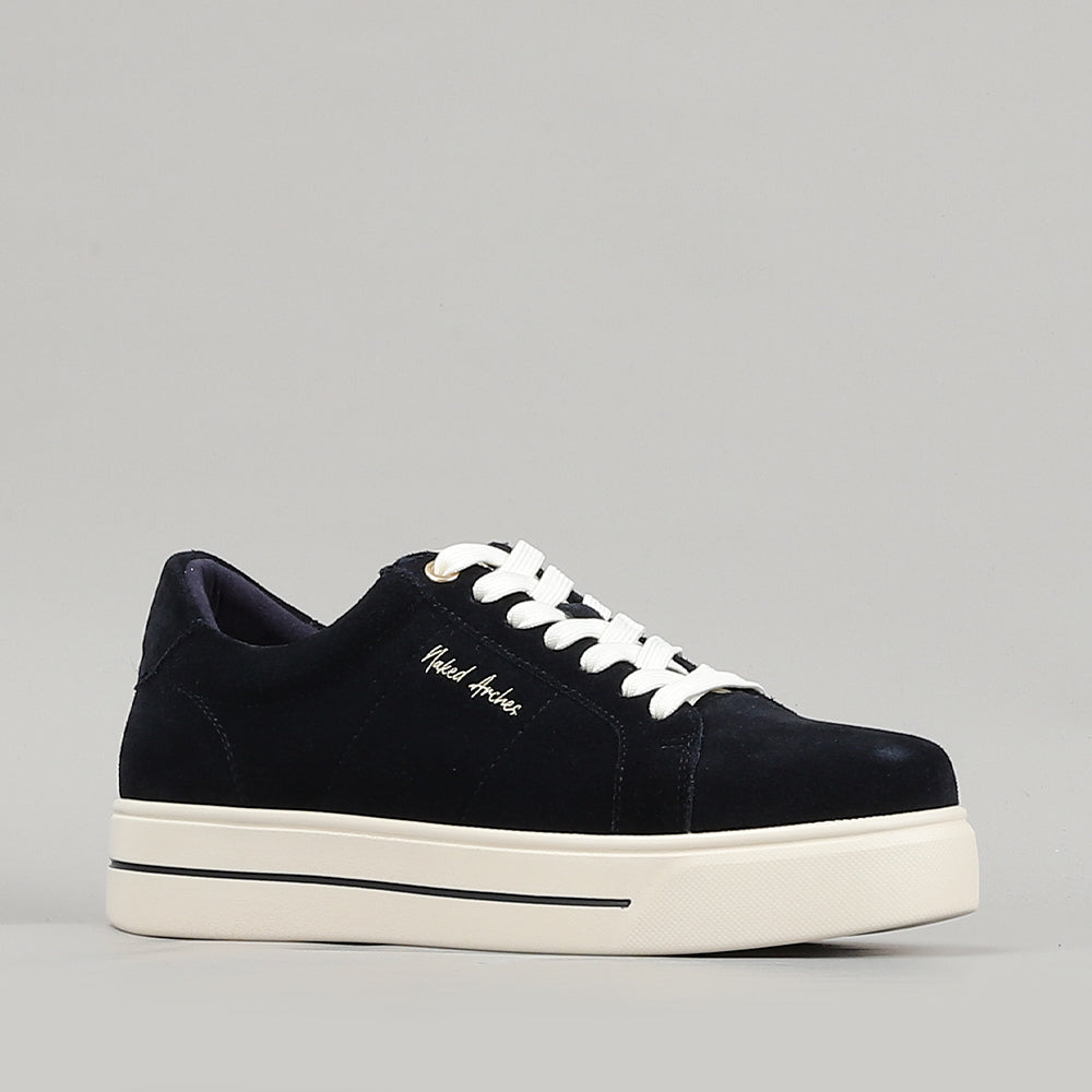 Naked Arches Azealia navy sneakers with white sole and laces, stylish casual footwear for women.