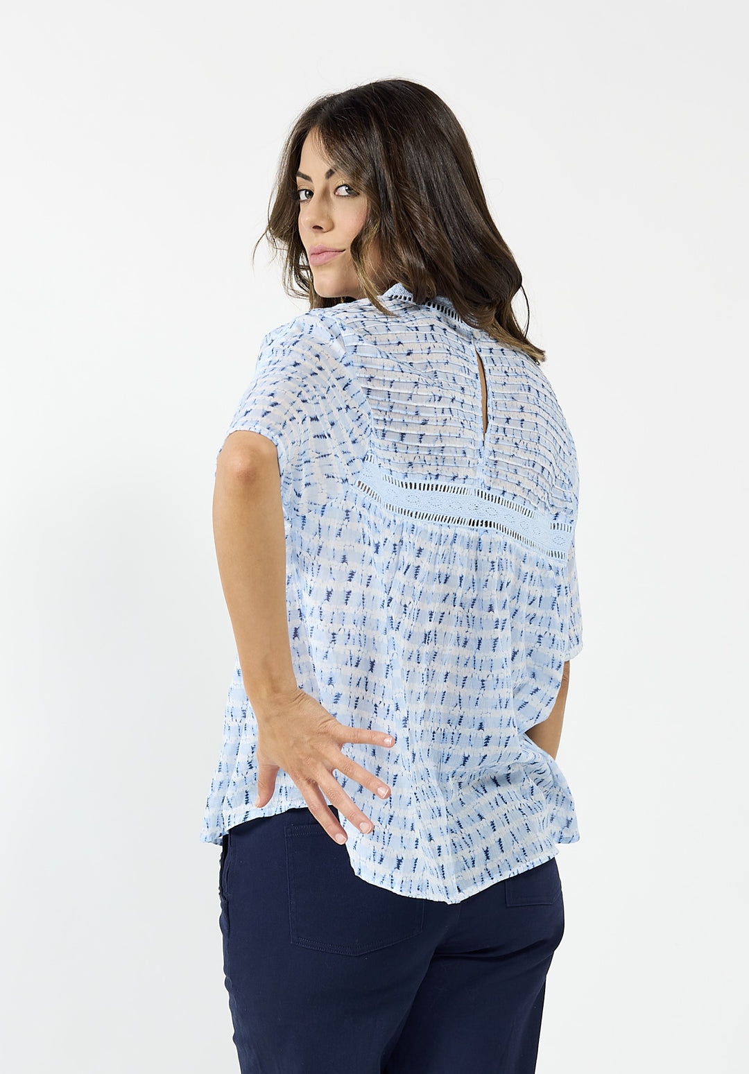 Blue Cypress blouse by Drama The Label featuring a stylish water-inspired pattern, perfect for casual or dressy outfits.