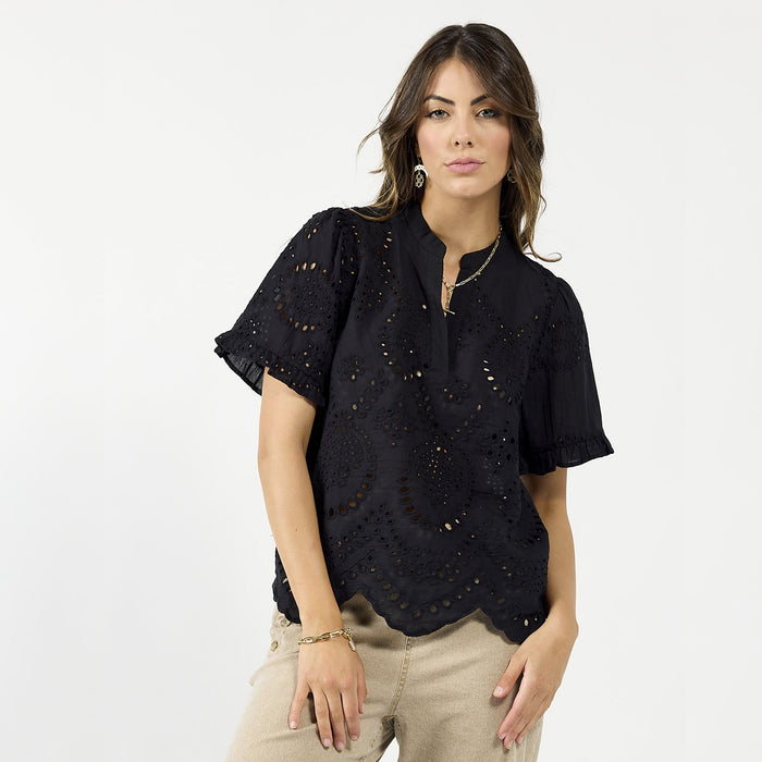 Black Drama The Label Pip Top featuring a sleek, fitted blouse style with a scoop neckline and sleeveless design.