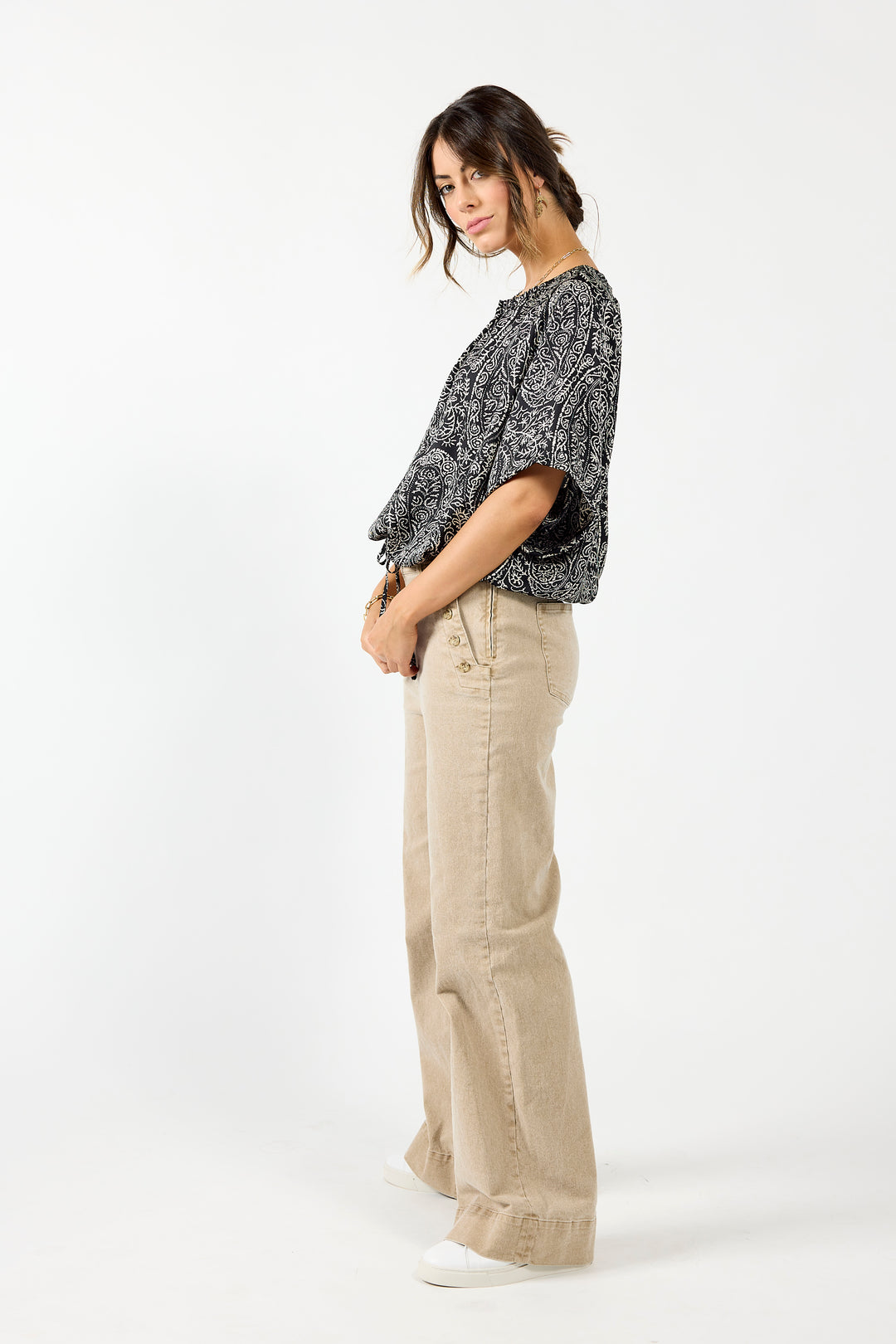 Black paisley Liberty Top by Drama The Label, sleeveless blouse with a relaxed fit and stylish pattern.