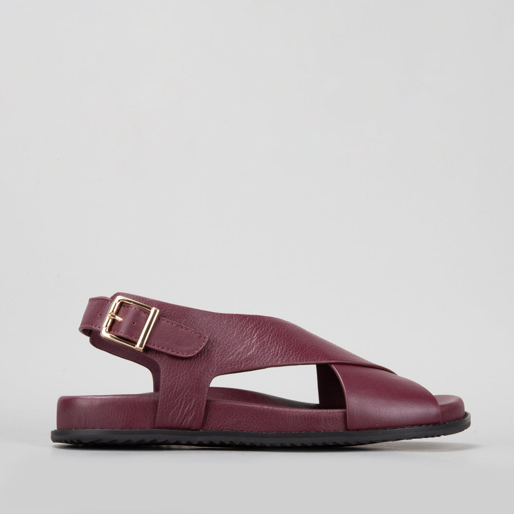 Naked Arches Zigilia Merlot sandals with deep red straps and cushioned footbed, stylish and comfortable footwear for women.
