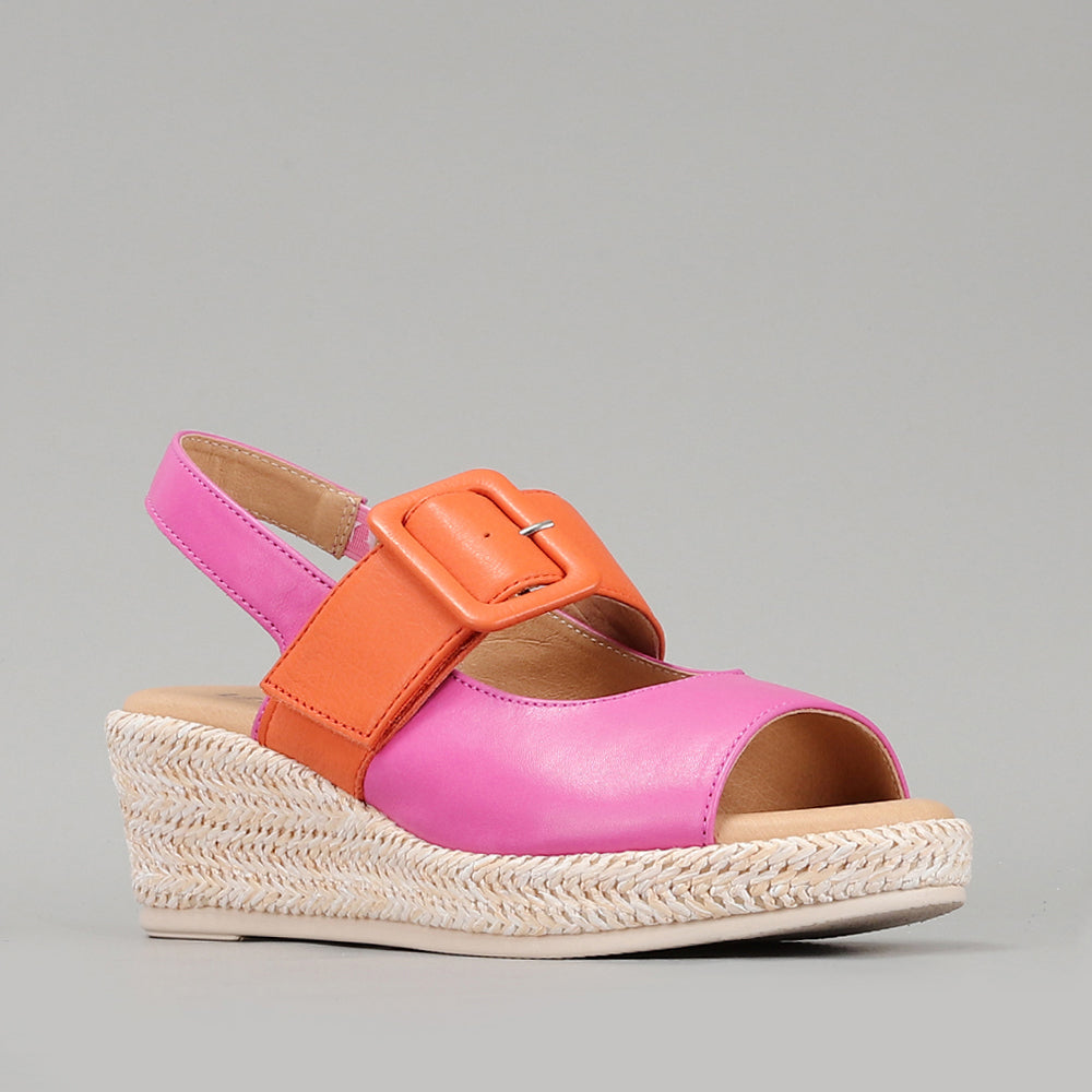 Le Sansa Parola Fuchsia Orange sandals with open toes and ankle straps, featuring vibrant fuchsia and orange colors.