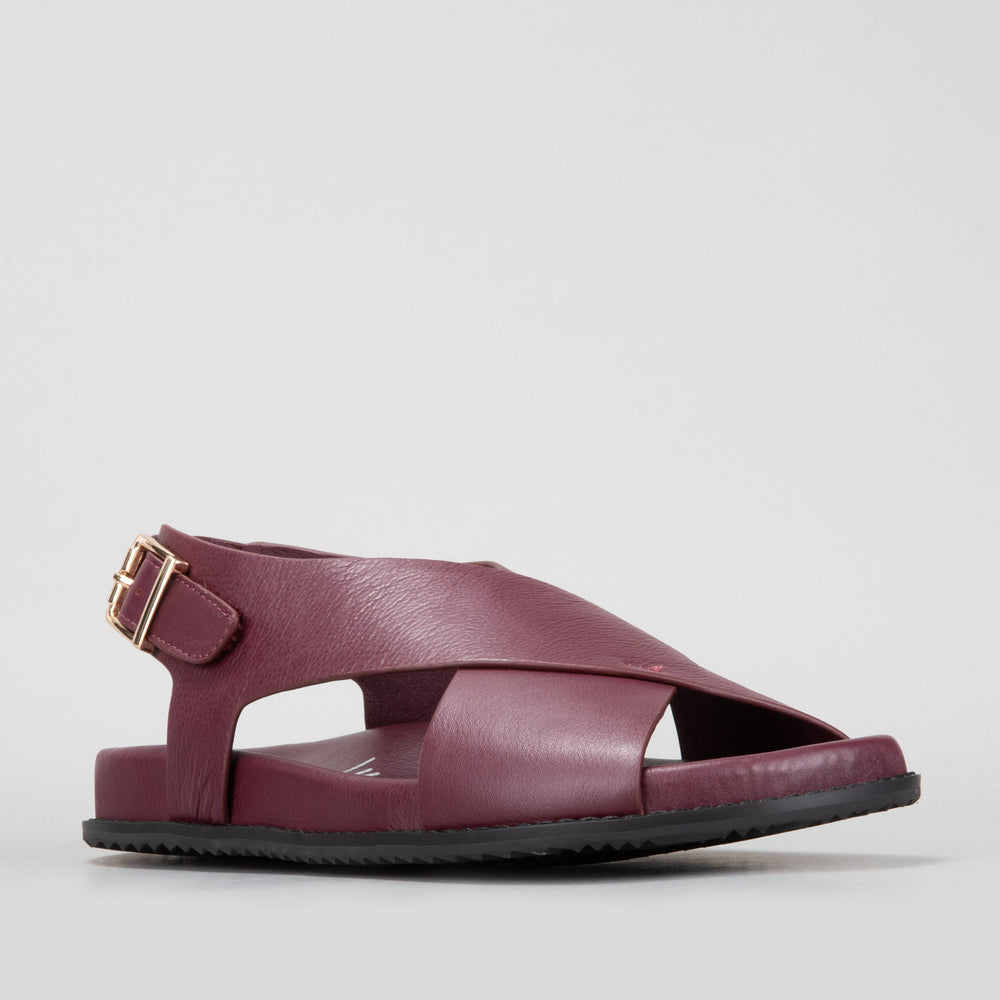 Naked Arches Zigilia Merlot sandals with open toe design and adjustable straps, featuring a deep red Merlot color.