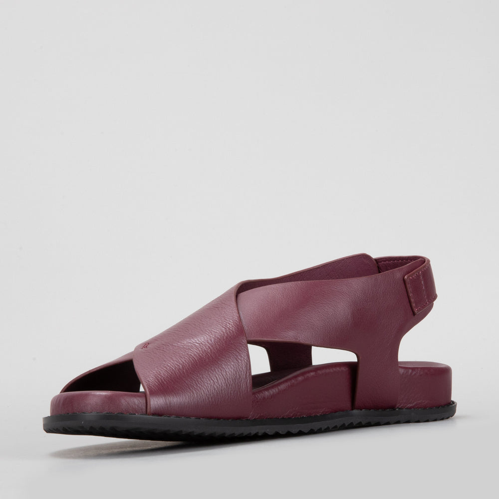 Naked Arches Zigilia Merlot sandals with open toe design and adjustable straps, featuring a deep red Merlot color.