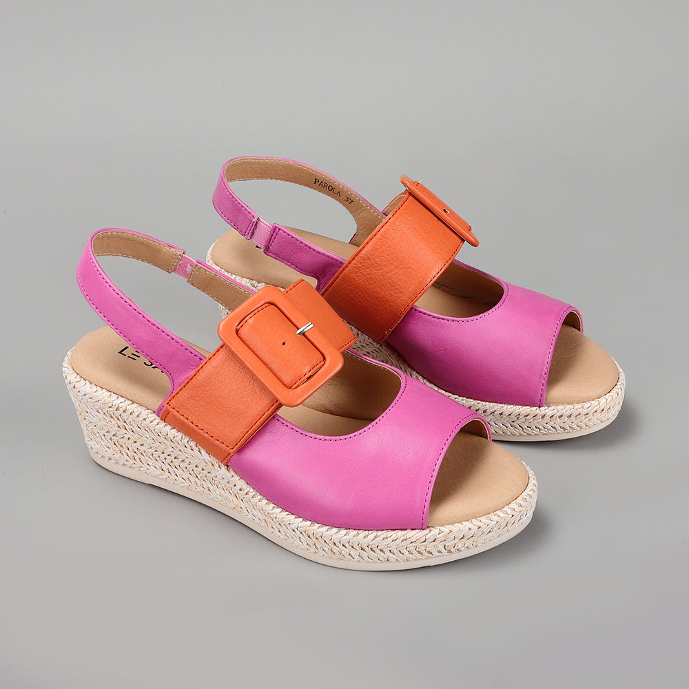 Le Sansa Parola Fuchsia Orange sandals with ankle straps and open toe design, vibrant summer footwear for women.