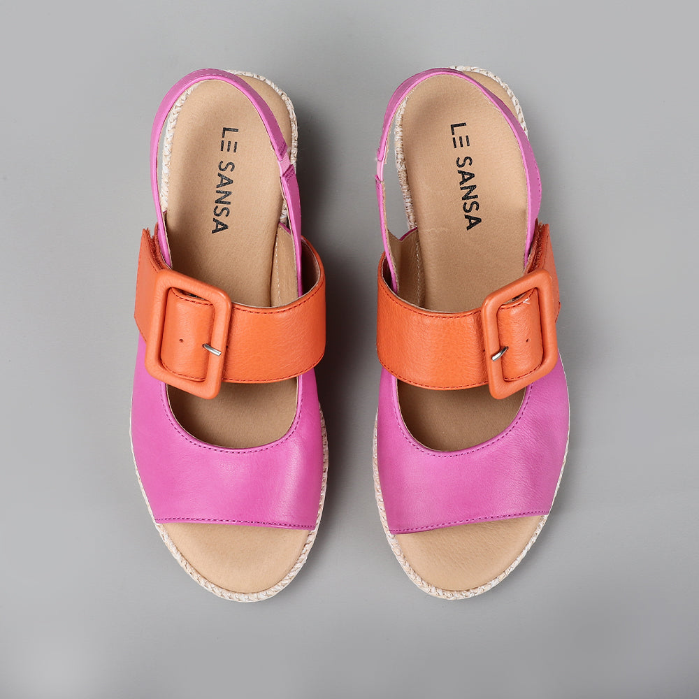 Le Sansa Fuchsia Orange sandals with open toe design and adjustable straps, stylish and comfortable for summer wear.