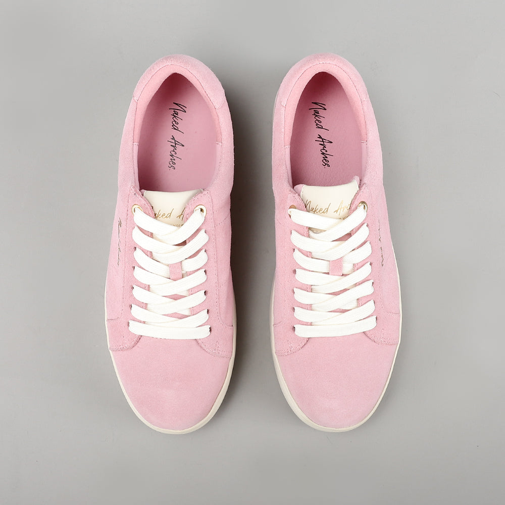 Naked Arches Azealia baby pink sneakers with white soles and laces, casual athletic footwear for women.
