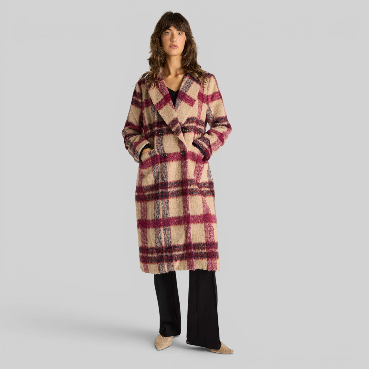 FATE + BECKER HARLOWS CHECK LONGLINE COAT CHECK PINK