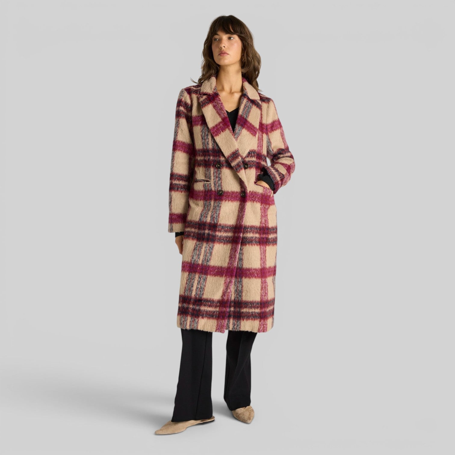 FATE + BECKER HARLOWS CHECK LONGLINE COAT CHECK PINK