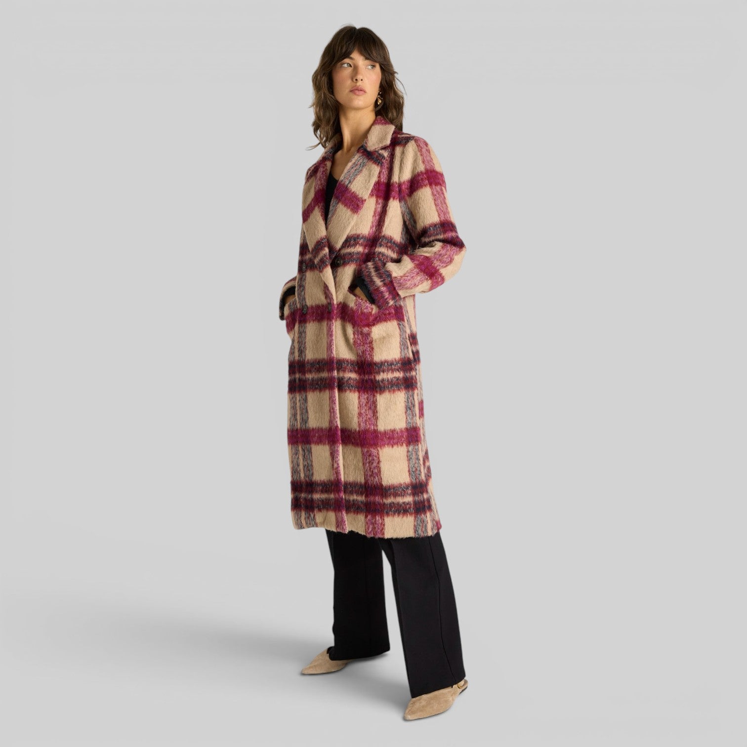 FATE + BECKER HARLOWS CHECK LONGLINE COAT CHECK PINK