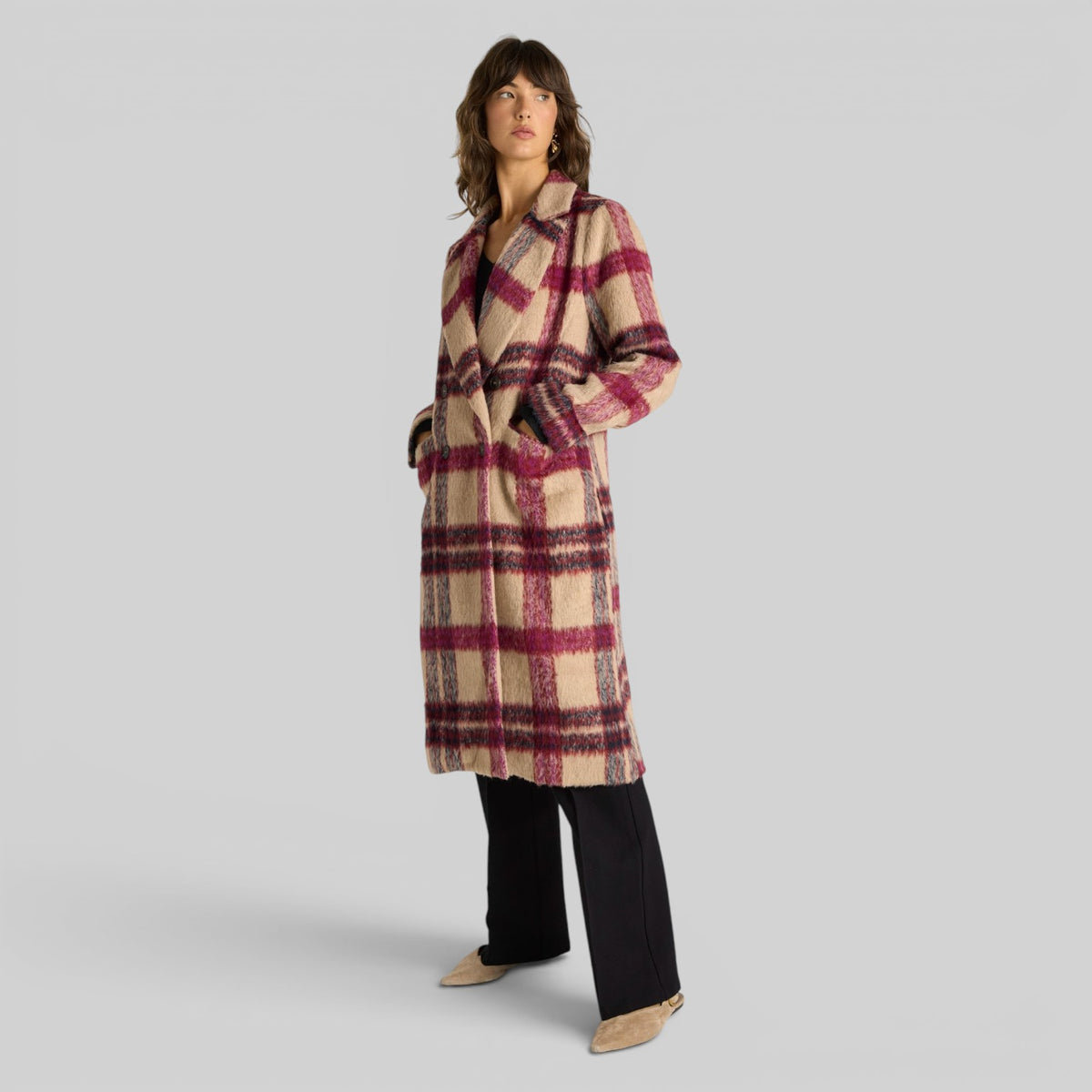 Fate + Becker Harlow's check longline pink coat with tailored blazer style, wool blend fabric, and classic lapel collar.