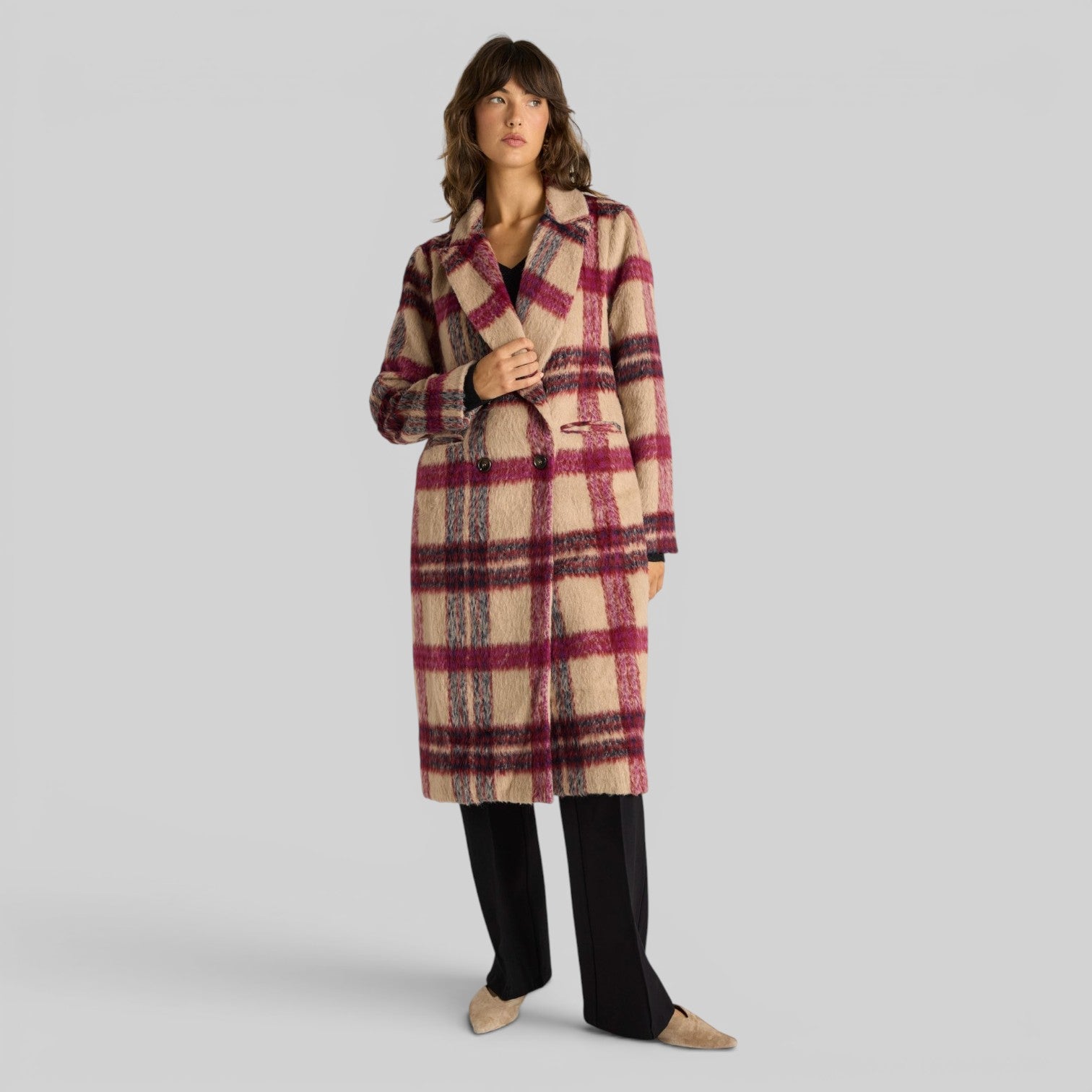 FATE + BECKER HARLOWS CHECK LONGLINE COAT CHECK PINK