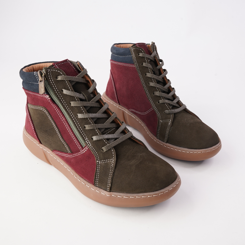 CABELLO Willora Khaki Multi Nuback boots showing rugged sole and multi-texture khaki upper with side zipper detail