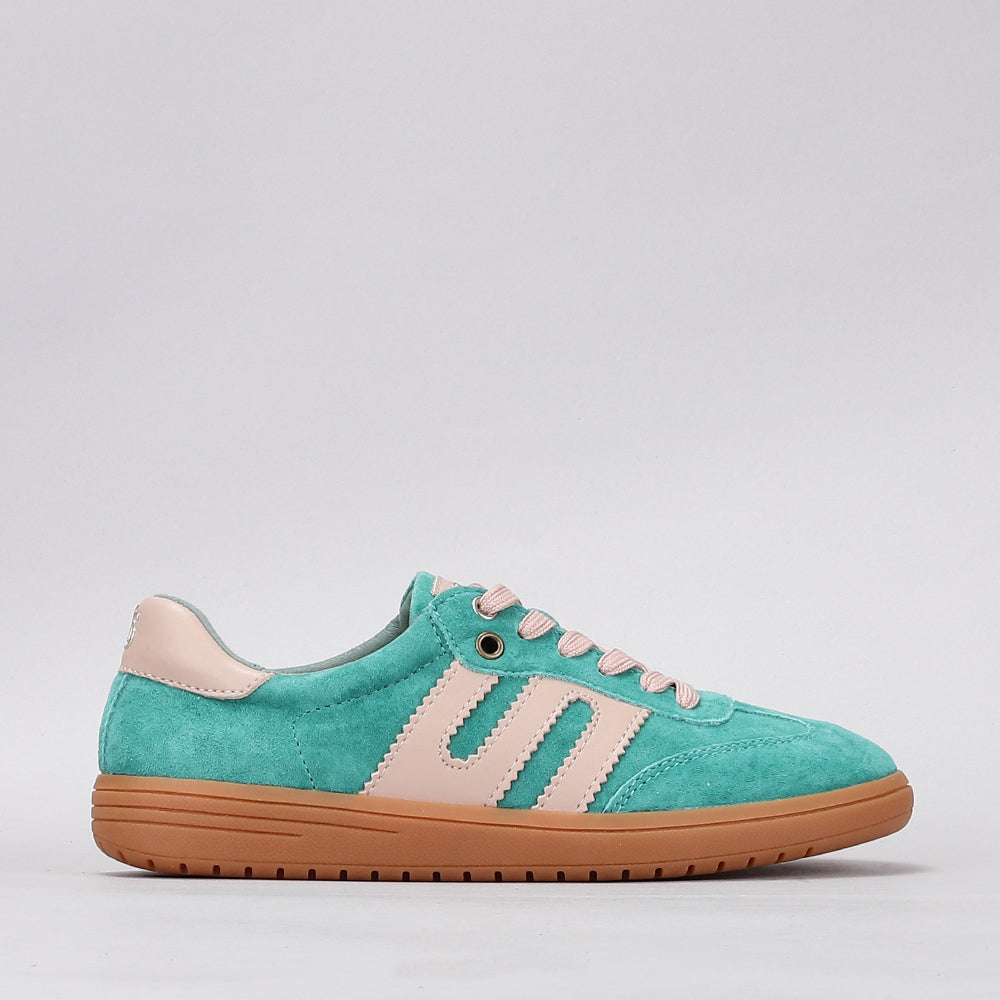 Le Sansa Juno pine green and taupe sneakers showing a side view with laces and stylish design details.