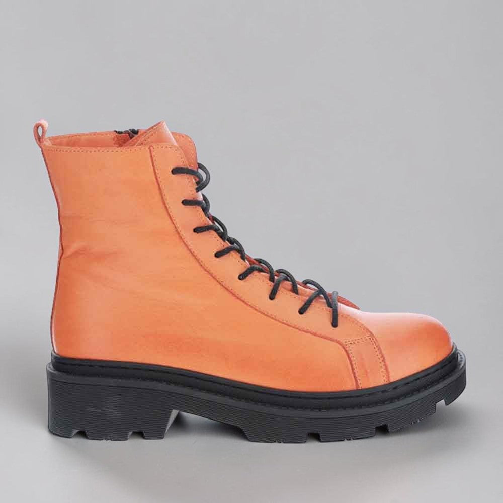 LE SANSA Lesansa Radiant Orange boots with ankle-high design and stylish laces, showcasing vibrant orange color and sleek silhouette.