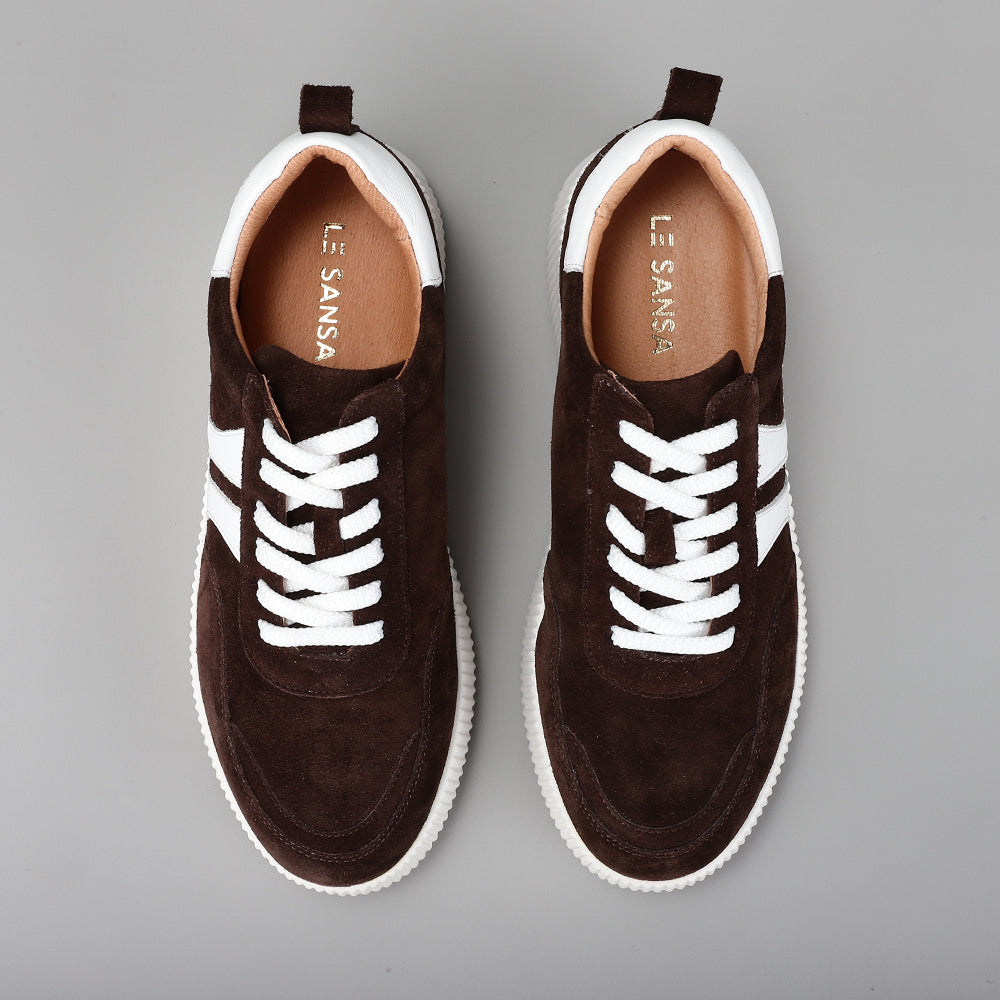 Le Sansa Comet chocolate suede sneakers with white rubber soles and lace-up design, stylish and comfortable for casual wear.