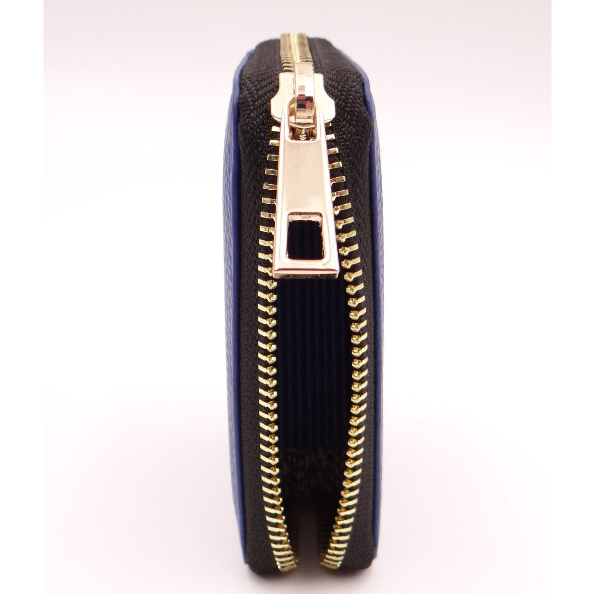 Second Nature C012 cobalt wallet with card slots and zipper closure, made of durable leather, shown open displaying interior details.