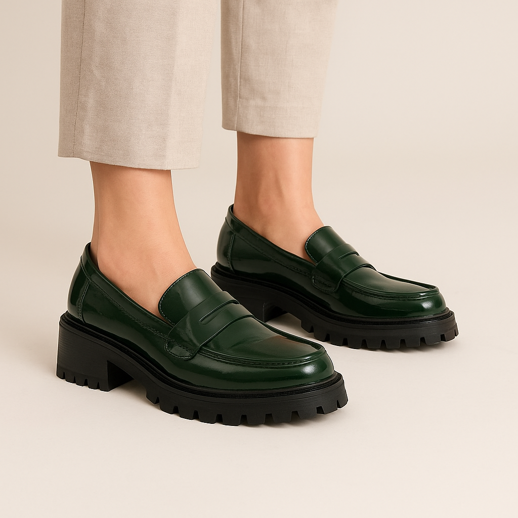 Le Sansa Zoey green patent casual loafers, stylish and fashionable for everyday wear, shown on a clean background.