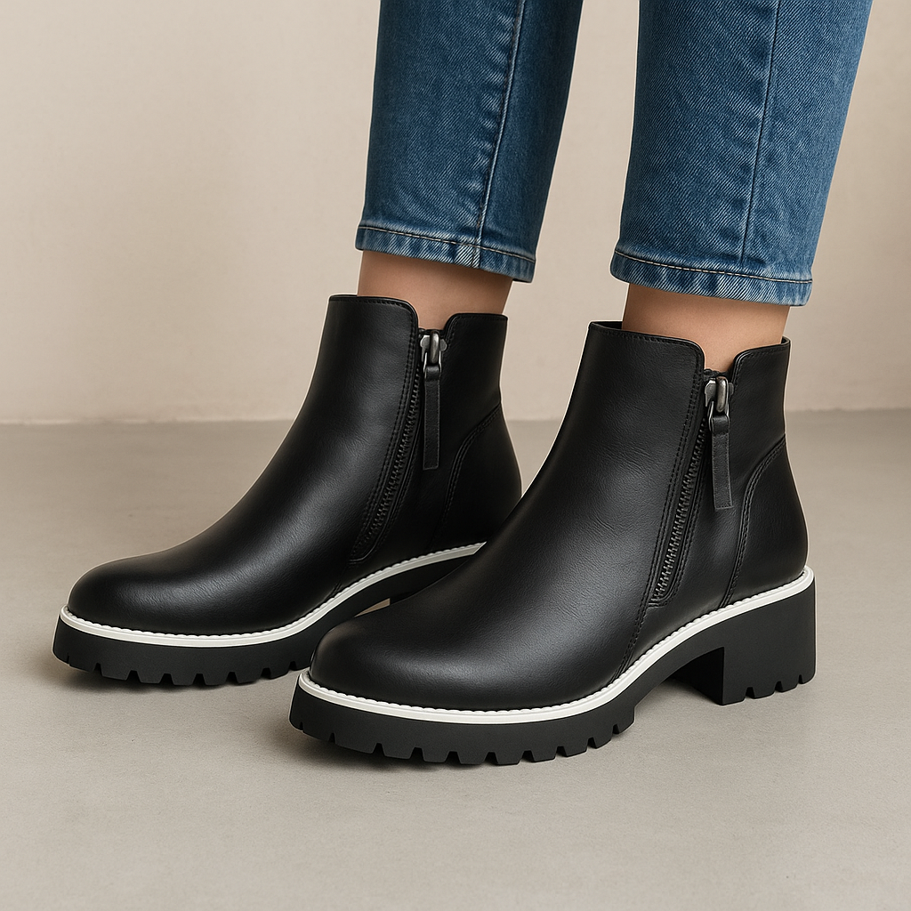 Le Sansa East Black ankle boots with stylish design and chunky heels, perfect for casual or dressy outfits.