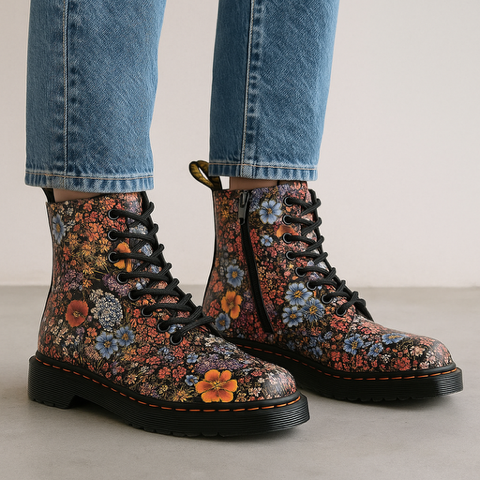 LE SANSA Depth Black Multi floral boots featuring a stylish design, displayed on a white background with intricate floral patterns.
