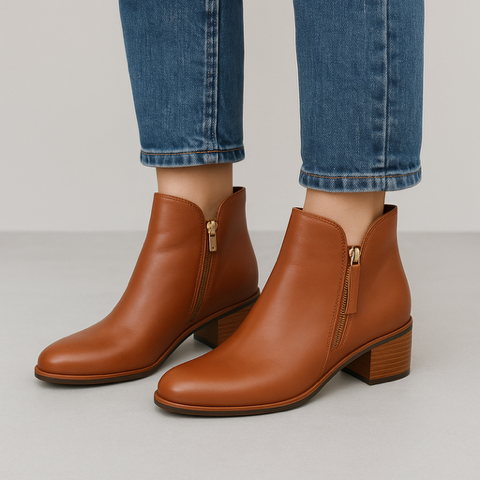 Naked Arches Oxley Cognac ankle boots with stylish design and smooth leather finish, featuring a low heel and pointed toe.